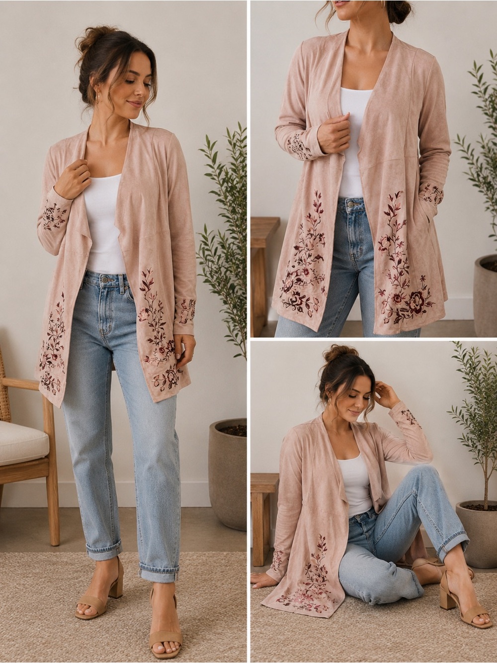 Women's Blush Pink Embroidered Open-Front Blazer